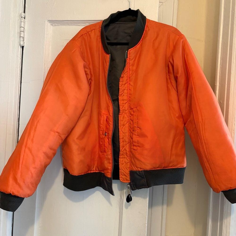 Gray Bomber Jacket With Orange Lining - image 5